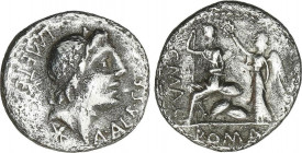 Denario. 96 a.C. CAECILIA. L. Caecilius Metellus. Anv.: Cabeza laureada de Apolo a derecha, entre L.METEL y A.ALB.S.F.; debajo el cuello, estrella. Re...