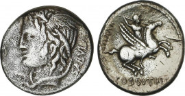 Denario. 74 a.C. COSSUTIA. L. Cossutius C.f Sabula. Anv.: Cabeza alada de Medusa a izquierda, detrás SABVLA. Rev.: Ballerophon montando Pegaso a derec...