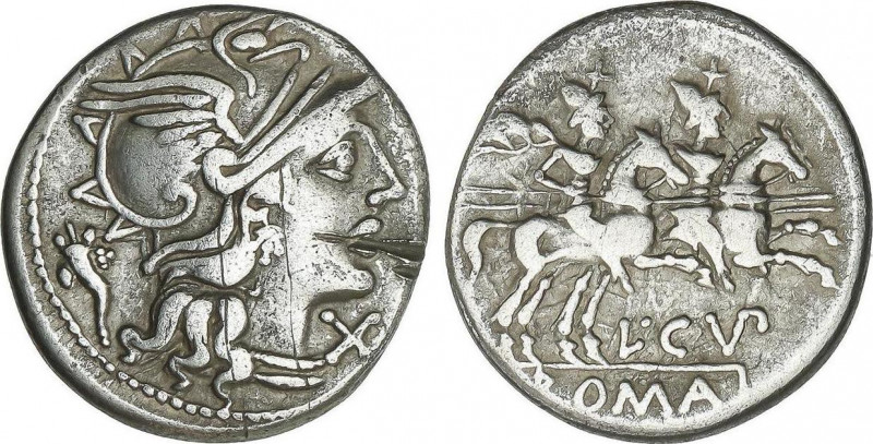 Denario. 147 a.C. CUPIENNIA. L. Cupienius. Anv.: Cabeza de Roma a derecha entre ...