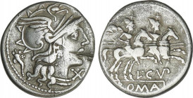 Denario. 147 a.C. CUPIENNIA. L. Cupienius. Anv.: Cabeza de Roma a derecha entre cuerno de la Abundancia y X. Rev.: Dióscuros a caballo a derecha, enci...