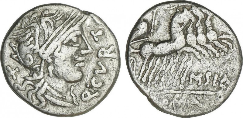 Denario. 116-115 a.C. CURTIA. Quintus Curtius. Anv.: Cabeza de Roma a derecha, d...