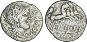 Denario. 116-115 a.C. CURTIA. Quintus Curtius. Anv.: Cabeza de Roma a derecha, detrás X, delante Q. CVRT. Rev.: Júpiter en cuadriga a derecha, encima ...