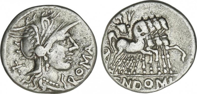 Denario. 116-115 a.C. DOMITIA. Cnaeus Domitius Ahenobarbus. Anv.: Cabeza de Roma...