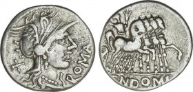 Denario. 116-115 a.C. DOMITIA. Cnaeus Domitius Ahenobarbus. Anv.: Cabeza de Roma a derecha, entre X y ROMA. Rev.: Júpiter en cuadriga a derecha. En ex...