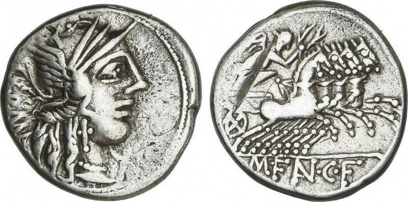 Denario. 123 a.C. FANNIA. Marcius Fannius C. f. Anv.: Cabeza de Roma a derecha e...