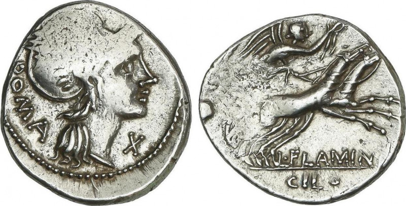 Denario. 109-108 a.C. FLAMINIA. Lucius Flaminius Cilo. Anv.: Cabeza de Roma a de...