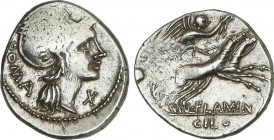 Denario. 109-108 a.C. FLAMINIA. Lucius Flaminius Cilo. Anv.: Cabeza de Roma a derecha, delante X, detrás ROMA. Rev.: Victoria con corona, en biga a de...