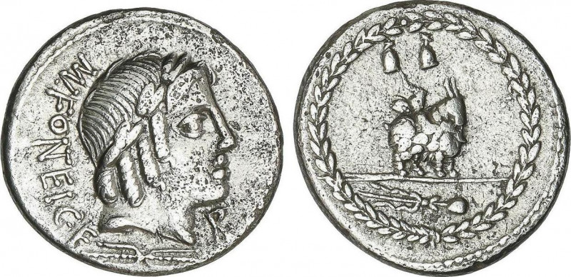 Denario. 85 a.C. FONTEIA. Mn. Fonteius C.f. Anv.: Cabeza de Apolo Vejovis a dere...