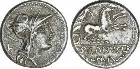 Denario. 91 a.C. JUNIA. D. Junius Silanus L.f. Anv.: Cabeza de Roma a derecha, detrás letra X. Rev.: Victoria en biga a derecha, encima número. En exe...