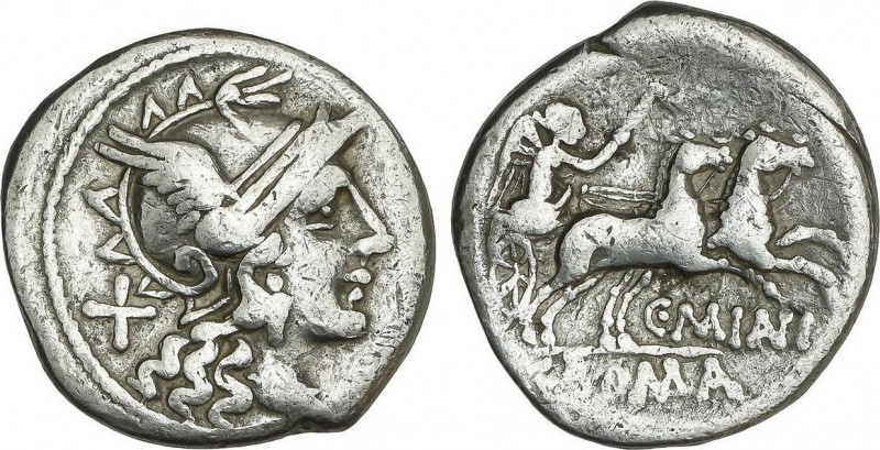 Denario. 153 a.C. MAIANIA. C. Maianius. Anv.: Cabeza de Roma a derecha, detrás X...