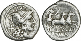 Denario. 153 a.C. MAIANIA. C. Maianius. Anv.: Cabeza de Roma a derecha, detrás X. Rev.: Victoria en biga a derecha, debajo C. MAIANI. En exergo: ROMA....