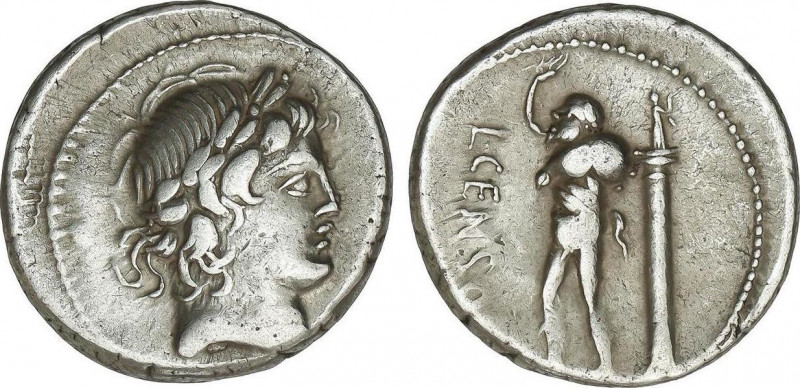 Denario. 88 a.C. MARCIA. L. Marcius Censorinus. Anv.: Cabeza de Apolo a derecha....