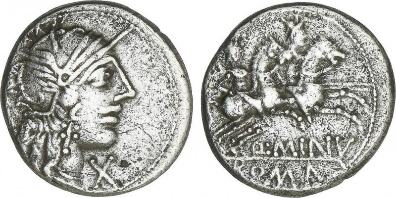 Denario. 122 a.C. MINUCIA. Q. Minucius Rufus. Anv.: Cabeza de Roma a derecha, en...