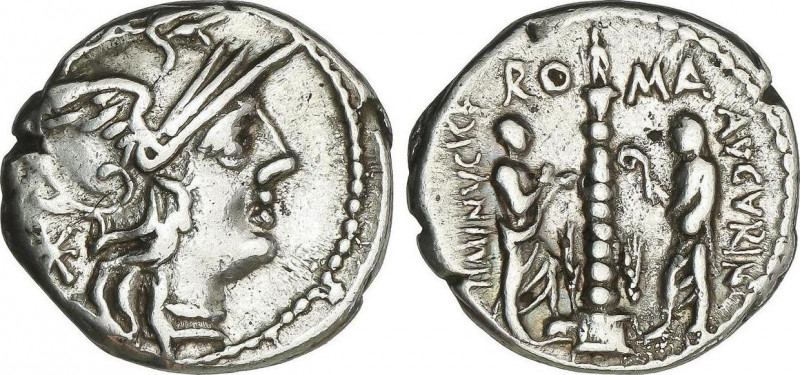 Denario. 134 a.C. MINUCIA. Ti. Minucius Augurinus. Anv.: Cabeza de Roma a derech...