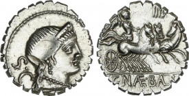 Denario. 79 a.C. NAEVIA. C. Naevius Balbus. Anv.: Cabeza diademada de Venus a derecha, detrás S.C. Rev.: Victoria en triga a derecha, encima número II...