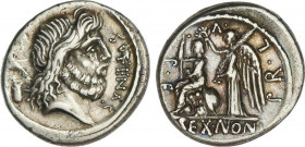 Denario. 59 a.C. NONIA. M. Nonius Sufenas. Anv.: Cabeza de Saturno a derecha entre vaso, arpa, SC y SVFENAS. Rev.: Roma sentada a izquierda coronada p...