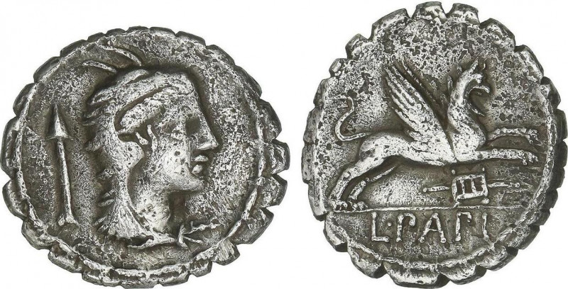 Denario. 79 a.C. PAPIA. L. Papius. Anv.: Cabeza de Juno Sospita a derecha, tocad...