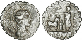 Denario. 81 a.C. POSTUMIA. A. Postumius A. f. Sp. n. Albinus. Anv.: Busto de Diana a derecha, encima cabeza de toro, detrás arco y carcaj. Rev.: Altar...