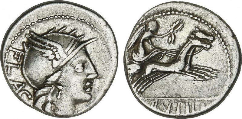 Denario. 77 a.C. RUTILIA. L. Rutilius Flaccus. Anv.: Cabeza de Roma a derecha, d...