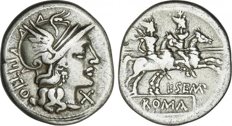 Denario. 148 a.C. SEMPRONIA. L. Sempronius Pitio. Anv.: Cabeza de Roma a derecha...