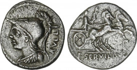 Denario. 100 a.C. SERVILIA. P. Servilius M. f. Rullus. Anv.: Cabeza de Minerva a izquierda, detrás RVLLI. Rev.: Victoria en biga a derecha, debajo P. ...