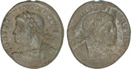 Follis incuso. Acuñada el 317-340 d.C. CONSTANTINO II. Anv.: CONSTANTINVS IVN. NOB. C. Busto diademado a izquierda. Rev.: Anverso incuso en el reverso...