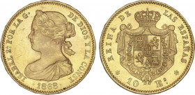 10 Escudos. 1868 (*18-73). MADRID. 8,39 grs. Acuñada durante el período de la I República con busto de Isabel II. AC-41. EBC.