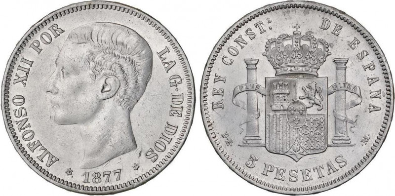 5 Pesetas. 1877 (*18-77). D.E.-M. (Pequeñas rayitas). EBC.