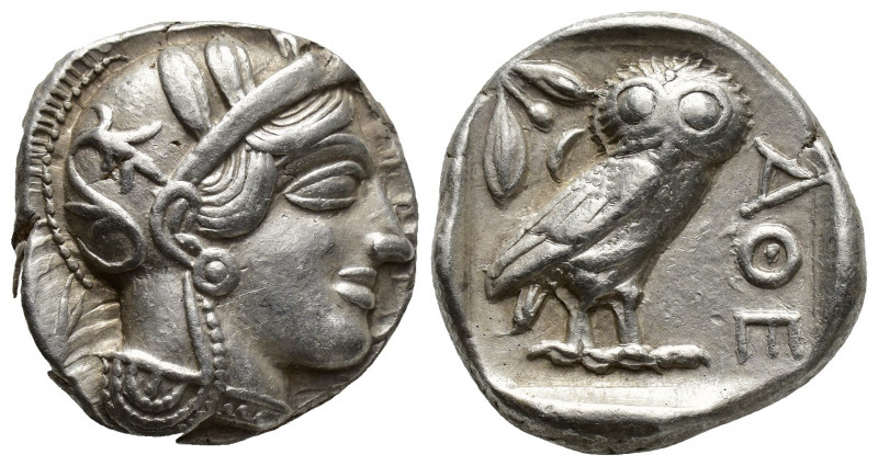 ATTICA, Athens. After 449 BC. AR Tetradrachm (23mm, 17.3 g ). Helmeted head of A...
