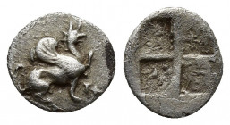 Ionia, Teos, c. 500-460 BC. AR Hemiobol (10mm, 0.4 g). Griffin seated r. R/ Quadripartite incuse square.