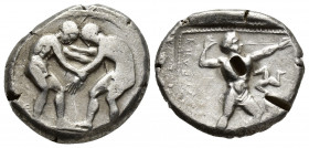 Pamphylia, Aspendos. AR Stater (23 mm, 11.2g), c. 420-400 BC. Obv. Two wrestlers grappling. Rev. ESTFF, slinger to right; triskeles in field.