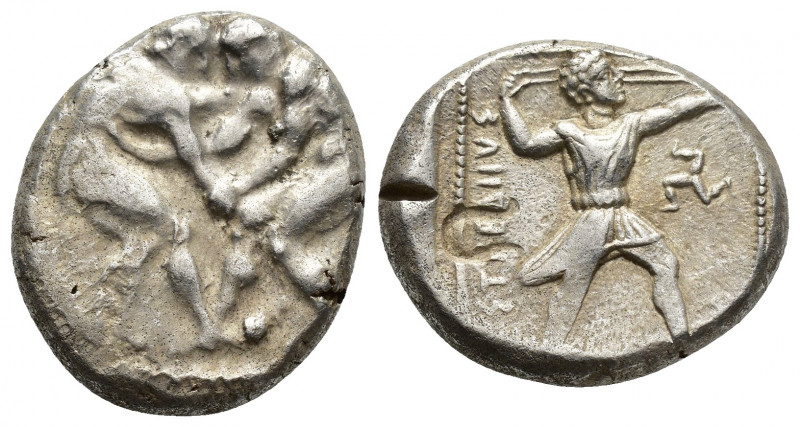Pamphylia, Aspendos. AR Stater (23 mm, 10.9g), c. 420-400 BC. Obv. Two wrestlers...