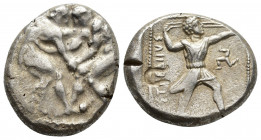 Pamphylia, Aspendos. AR Stater (23 mm, 10.9g), c. 420-400 BC. Obv. Two wrestlers grappling. Rev. ESTFF, slinger to right; triskeles in field.