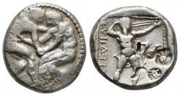Pamphylia, Aspendos. AR Stater (21 mm, 10.9g), c. 420-400 BC. Obv. Two wrestlers grappling. Rev. ESTFF, slinger to right; triskeles in field. Counterm...