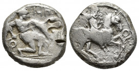CILICIA. Tarsos. Stater (Circa 410-385 BC). (20mm, 10.8 g) Obv: Satrap, holding lotus-flower, riding horse right; monogram to right. Rev: Hoplite knee...
