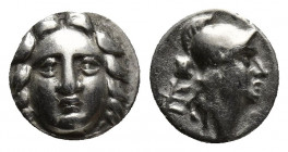 PISIDIA, Selge. Circa 250-190 BC. AR Obol (9mm, 0.9 g ). Facing gorgoneion / Helmeted head of Athena right; behind neck, astragalos above uncertain sy...
