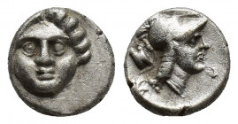 PISIDIA, Selge. Circa 350-300 BC. AR Obol (9mm, 1.00 g ). Facing gorgoneion / Helmeted head of Athena right; astragalos to left