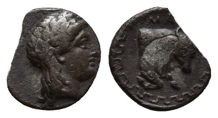 Ionia. Magnesia , AR Obol (9 mm, 0.6 g), c. 350-300 BC. Obv. Laureate head of Ap...