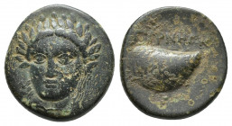 AEOLIS. Gyrneion. Ae (4th century BC). (16mm, 3.7 g) Obv: Laureate head of Apollo facing slightly left. Rev: ΓYPNHΩN. Mussel shell.