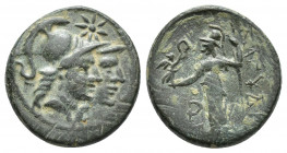 PAMPHYLIA. Attaleia? Ae (17.5mm, 4.1 g). Obv: Jugate helmeted heads of two Athenas right Star on top Rev: Athena standing left, holding nike and scept...