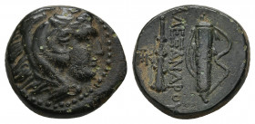 Macedonian Kingdom. Alexander III the Great. 336-323 B.C. AE unit (16.1 mm, 6.48 g ). Uncertain Macedonian mint. Head of Herakles right, wearing lion'...