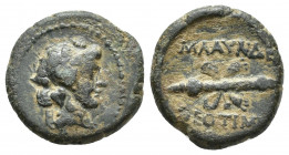 Lydia. Blaundos (16mm, 3.7 g) 2nd-1st century BC. AE Laureate head of Apollo right Rev: MΛAVNΔΕ-ΩN, quiver and strung bow