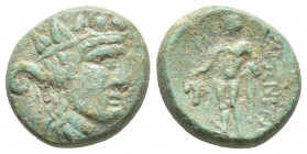 THRACE. Maroneia. Ae (Circa 168/7-48/5 BC). (16mm, 6.2g) Obv: Head of Dionysos right, wearing ivy wreath. Rev: MAPΩNITΩN. Dionysos standing left, hold...