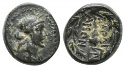 LYDIA. Sardes. 2nd-1st c. B.C. AE. (15.4mm, 4.3 g) Laureate head of Apollo. Rev. ΣΑΡΔΙ-ΑΝΩΝ Club, below, monogram; whole in oak wreath.