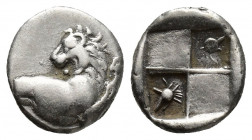 THRACE, Chersonesos. Circa 386-338 BC. AR Hemidrachm (12mm, 2.4 g ). Forepart of lion right, head reverted / Quadripartite incuse square; two opposing...