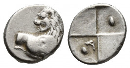 Thrace, Chersonesos, c. 386-338 BC. AR Hemidrachm (12mm, 2.5 g). Forepart of lion r., head l. R/ Quadripartite incuse square with alternating raised a...
