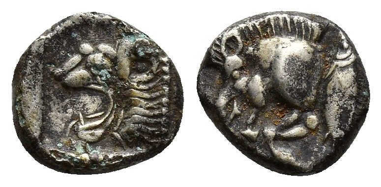 Mysia. Kyzikos 480 BC. Hemiobol AR (9mm., 0,9g ). Head of lion to left within in...