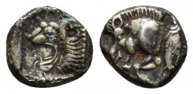 Mysia. Kyzikos 480 BC. Hemiobol AR (9mm., 0,9g ). Head of lion to left within incuse square, star to upper left. Forepart of boar to left, to right, t...