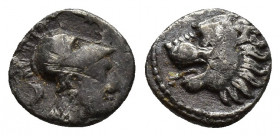 PAMPHYLIA. Side. (3rd-2nd centuries BC). AR Obol. (9mm, 0.6 g) Obv: Helmeted head of Athena right. Rev: Head of lion left with open mouth.