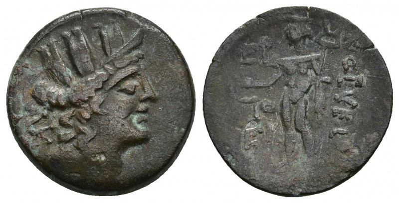 Cilicia, Korykos Æ (20.5mm. 5.41 g) 1st century BC. Turreted head of Tyche to ri...